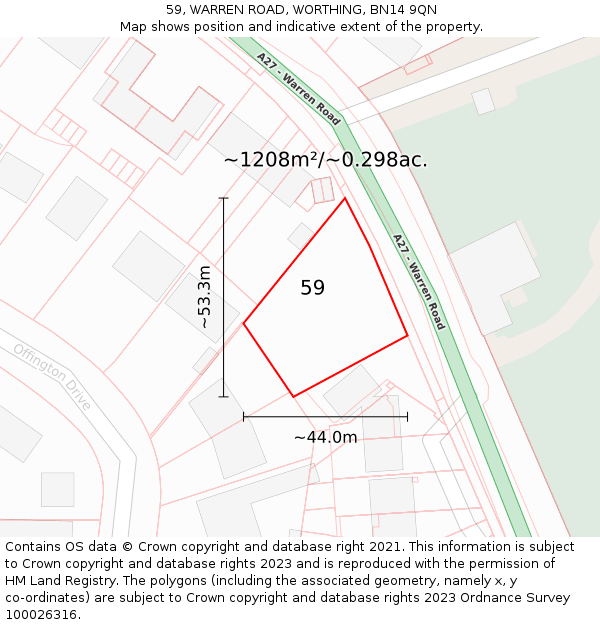 59, WARREN ROAD, WORTHING, BN14 9QN: Plot and title map