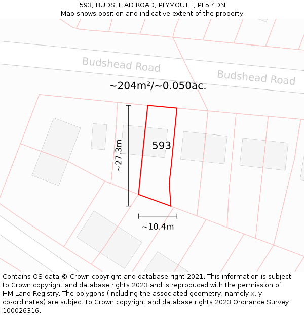 593, BUDSHEAD ROAD, PLYMOUTH, PL5 4DN: Plot and title map