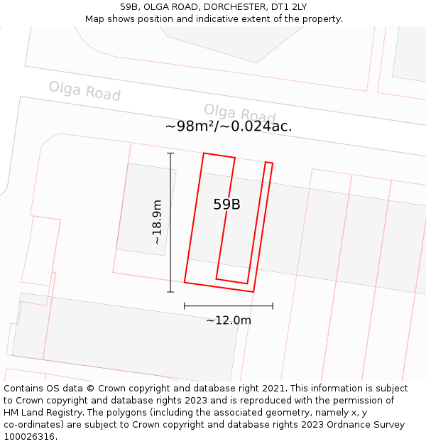 59B, OLGA ROAD, DORCHESTER, DT1 2LY: Plot and title map