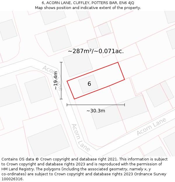 6, ACORN LANE, CUFFLEY, POTTERS BAR, EN6 4JQ: Plot and title map