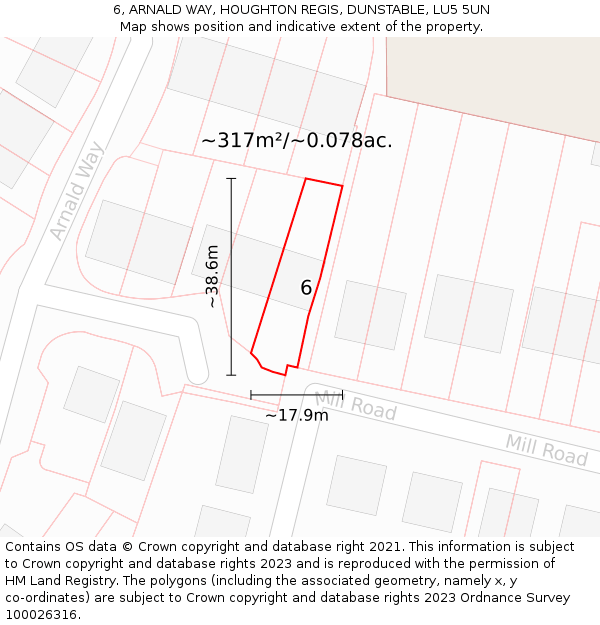 6, ARNALD WAY, HOUGHTON REGIS, DUNSTABLE, LU5 5UN: Plot and title map