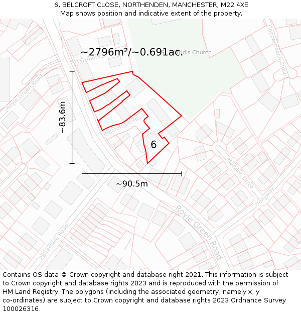 6, BELCROFT CLOSE, NORTHENDEN, MANCHESTER, M22 4XE: Plot and title map