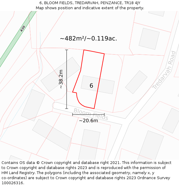 6, BLOOM FIELDS, TREDARVAH, PENZANCE, TR18 4JY: Plot and title map