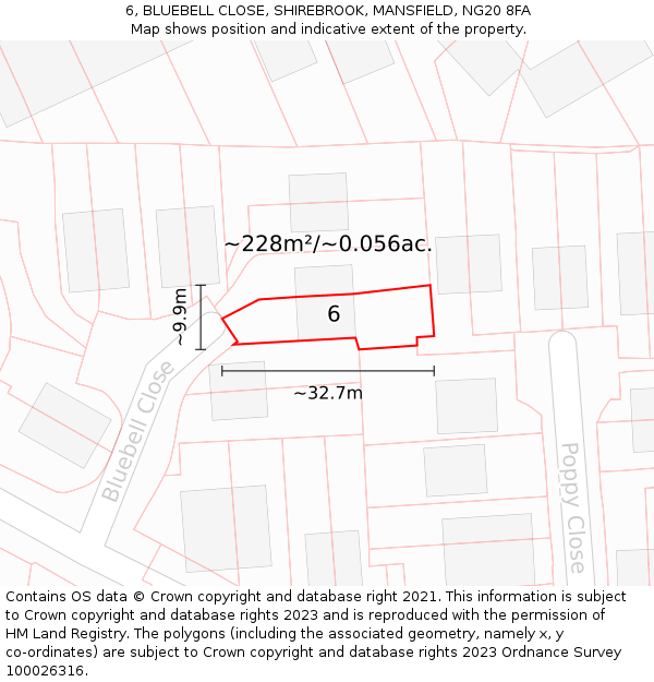 6, BLUEBELL CLOSE, SHIREBROOK, MANSFIELD, NG20 8FA: Plot and title map