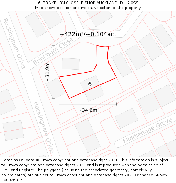 6, BRINKBURN CLOSE, BISHOP AUCKLAND, DL14 0SS: Plot and title map