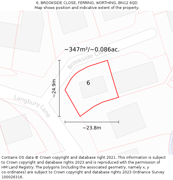 6, BROOKSIDE CLOSE, FERRING, WORTHING, BN12 6QD: Plot and title map