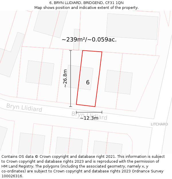 6, BRYN LLIDIARD, BRIDGEND, CF31 1QN: Plot and title map