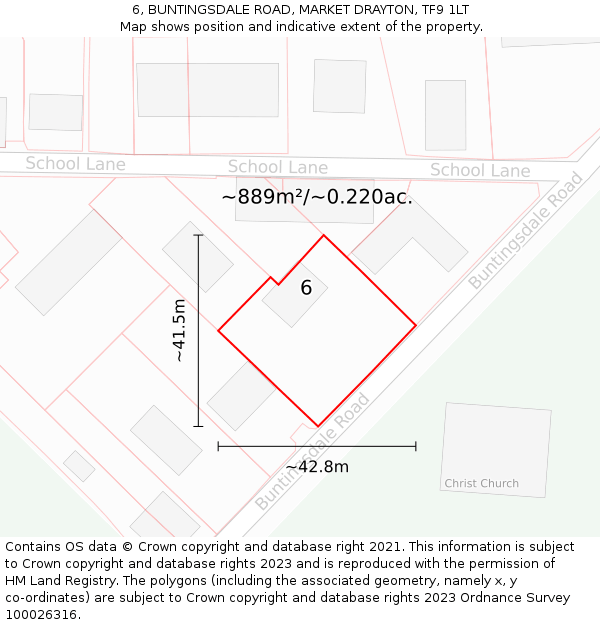 6, BUNTINGSDALE ROAD, MARKET DRAYTON, TF9 1LT: Plot and title map