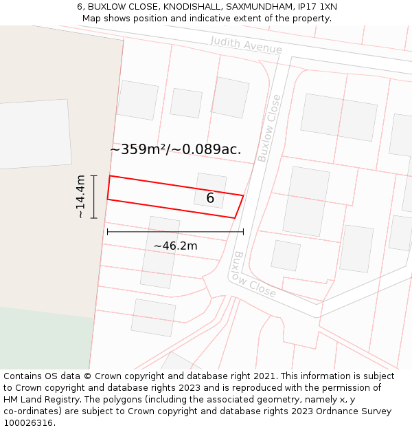 6, BUXLOW CLOSE, KNODISHALL, SAXMUNDHAM, IP17 1XN: Plot and title map