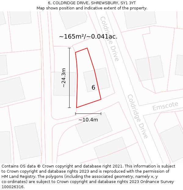 6, COLDRIDGE DRIVE, SHREWSBURY, SY1 3YT: Plot and title map