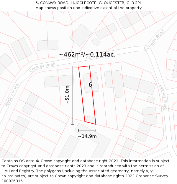 6, CONWAY ROAD, HUCCLECOTE, GLOUCESTER, GL3 3PL: Plot and title map