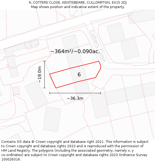 6, COTTERS CLOSE, KENTISBEARE, CULLOMPTON, EX15 2DJ: Plot and title map