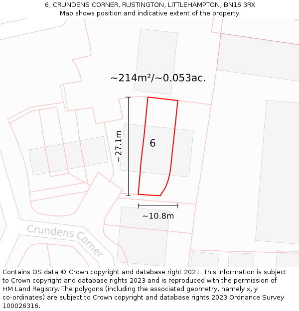 6, CRUNDENS CORNER, RUSTINGTON, LITTLEHAMPTON, BN16 3RX: Plot and title map