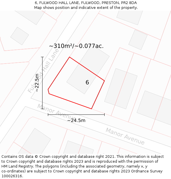 6, FULWOOD HALL LANE, FULWOOD, PRESTON, PR2 8DA: Plot and title map