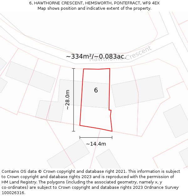 6, HAWTHORNE CRESCENT, HEMSWORTH, PONTEFRACT, WF9 4EX: Plot and title map