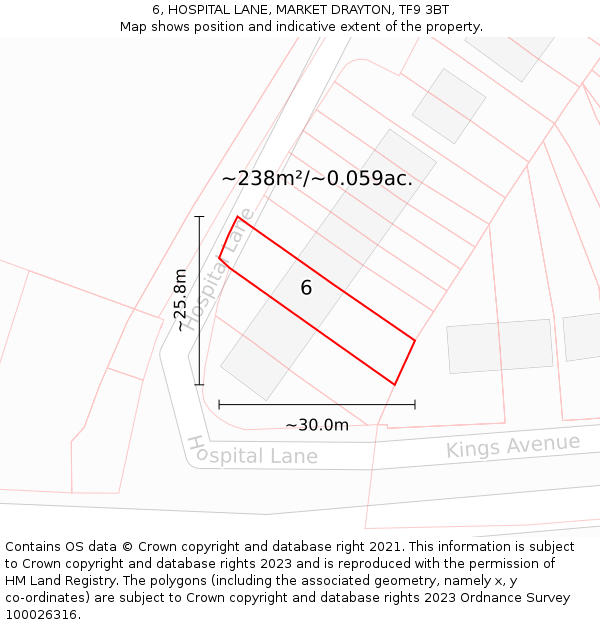 6, HOSPITAL LANE, MARKET DRAYTON, TF9 3BT: Plot and title map