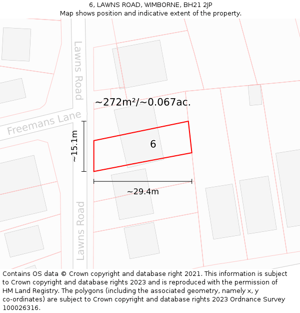 6, LAWNS ROAD, WIMBORNE, BH21 2JP: Plot and title map