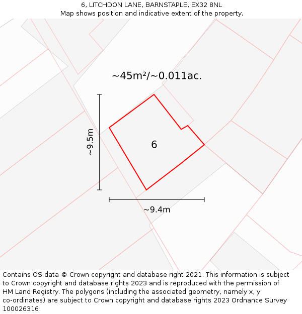 6, LITCHDON LANE, BARNSTAPLE, EX32 8NL: Plot and title map