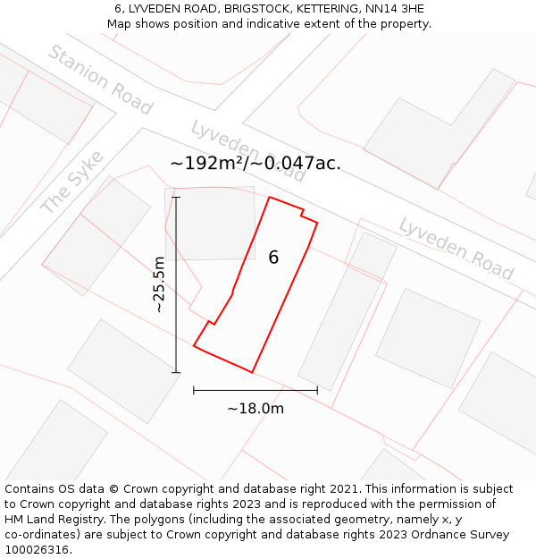 6, LYVEDEN ROAD, BRIGSTOCK, KETTERING, NN14 3HE: Plot and title map