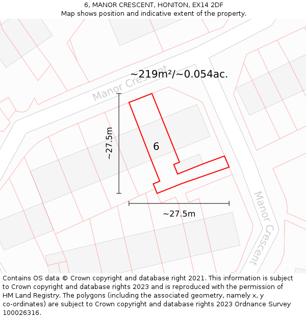 6, MANOR CRESCENT, HONITON, EX14 2DF: Plot and title map