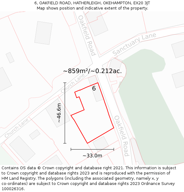 6, OAKFIELD ROAD, HATHERLEIGH, OKEHAMPTON, EX20 3JT: Plot and title map