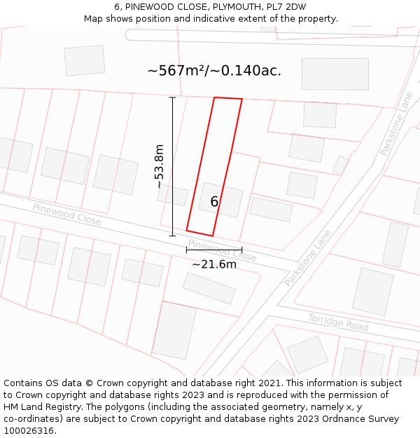 6, PINEWOOD CLOSE, PLYMOUTH, PL7 2DW: Plot and title map