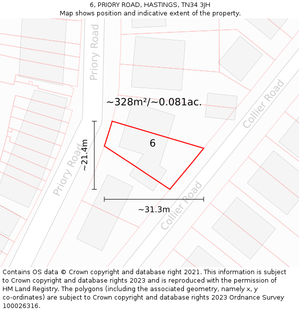 6, PRIORY ROAD, HASTINGS, TN34 3JH: Plot and title map