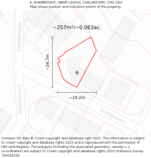 6, SHIMBROOKS, GREAT LEIGHS, CHELMSFORD, CM3 1SH: Plot and title map