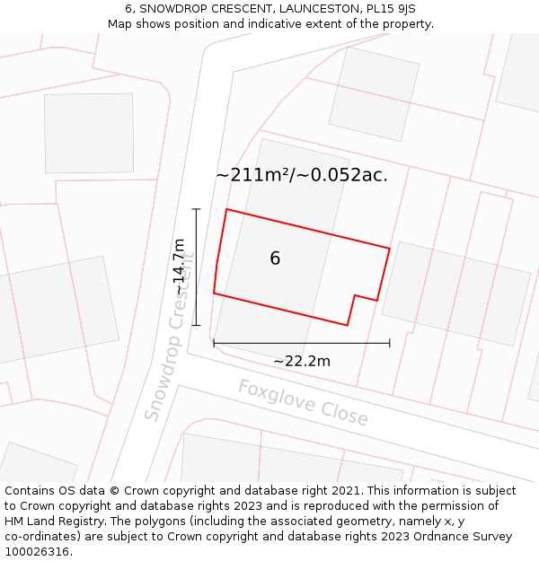 6, SNOWDROP CRESCENT, LAUNCESTON, PL15 9JS: Plot and title map