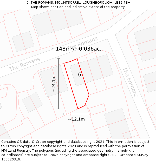 6, THE ROMANS, MOUNTSORREL, LOUGHBOROUGH, LE12 7EH: Plot and title map