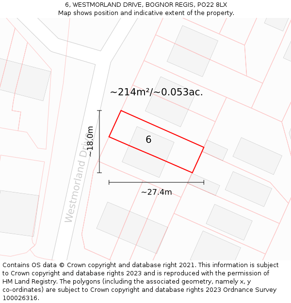 6, WESTMORLAND DRIVE, BOGNOR REGIS, PO22 8LX: Plot and title map