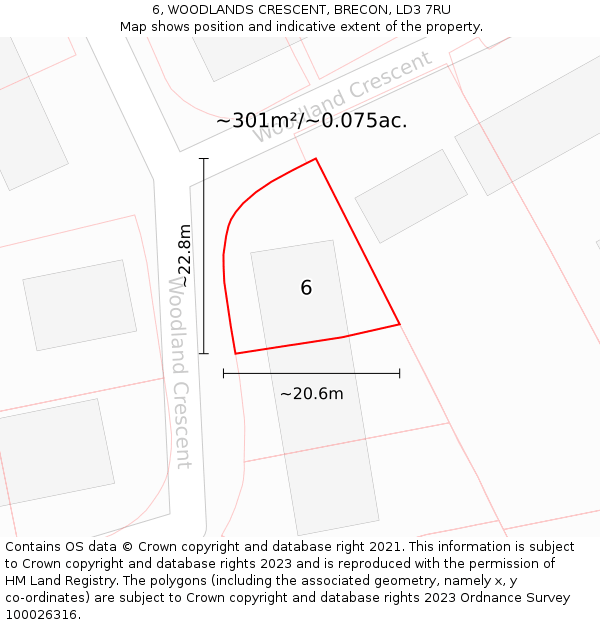 6, WOODLANDS CRESCENT, BRECON, LD3 7RU: Plot and title map