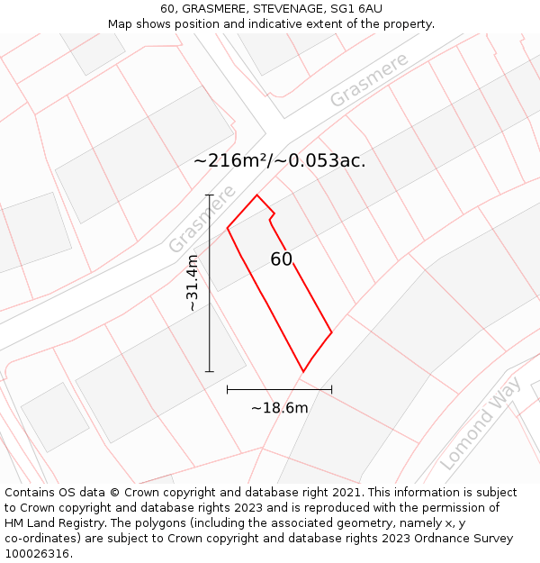 60, GRASMERE, STEVENAGE, SG1 6AU: Plot and title map