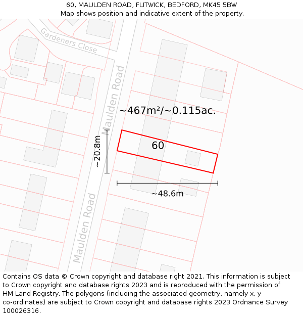 60, MAULDEN ROAD, FLITWICK, BEDFORD, MK45 5BW: Plot and title map