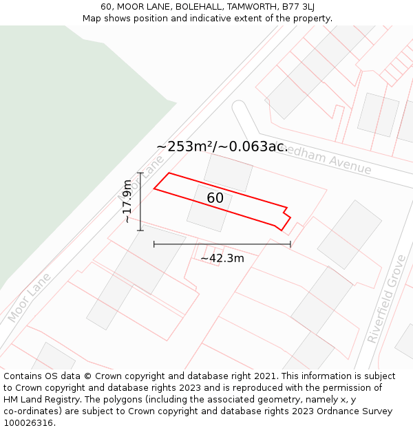 60, MOOR LANE, BOLEHALL, TAMWORTH, B77 3LJ: Plot and title map