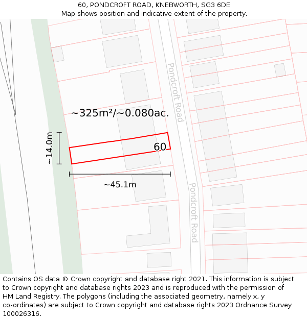 60, PONDCROFT ROAD, KNEBWORTH, SG3 6DE: Plot and title map