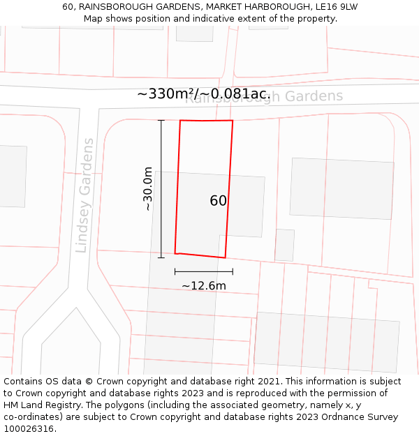 60, RAINSBOROUGH GARDENS, MARKET HARBOROUGH, LE16 9LW: Plot and title map