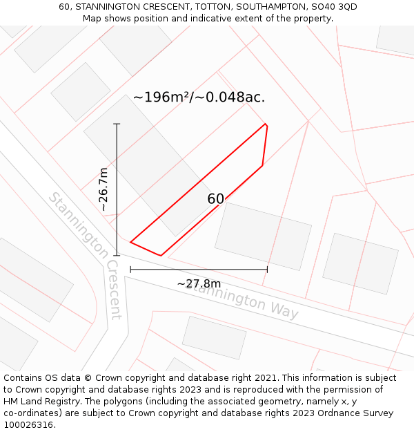 60, STANNINGTON CRESCENT, TOTTON, SOUTHAMPTON, SO40 3QD: Plot and title map