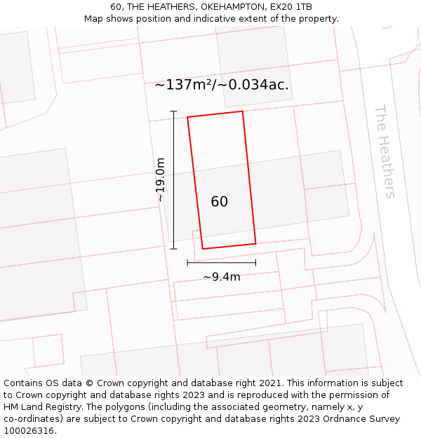 60, THE HEATHERS, OKEHAMPTON, EX20 1TB: Plot and title map