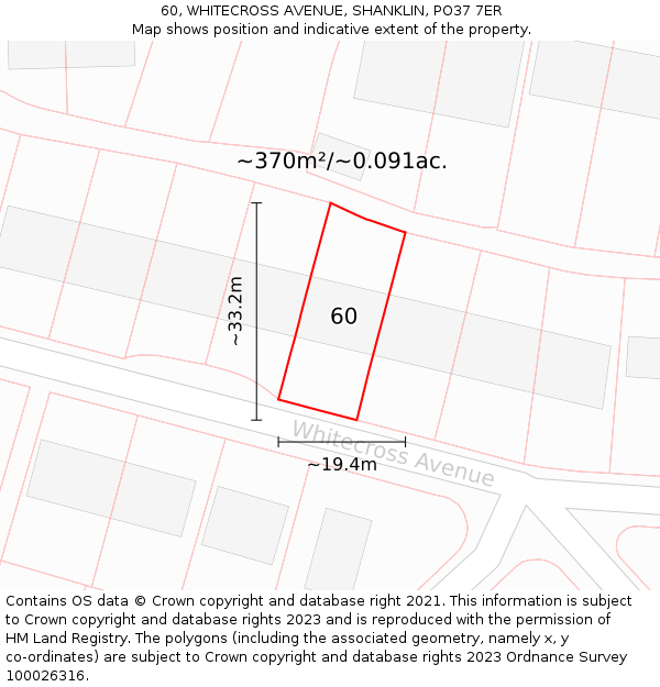 60, WHITECROSS AVENUE, SHANKLIN, PO37 7ER: Plot and title map