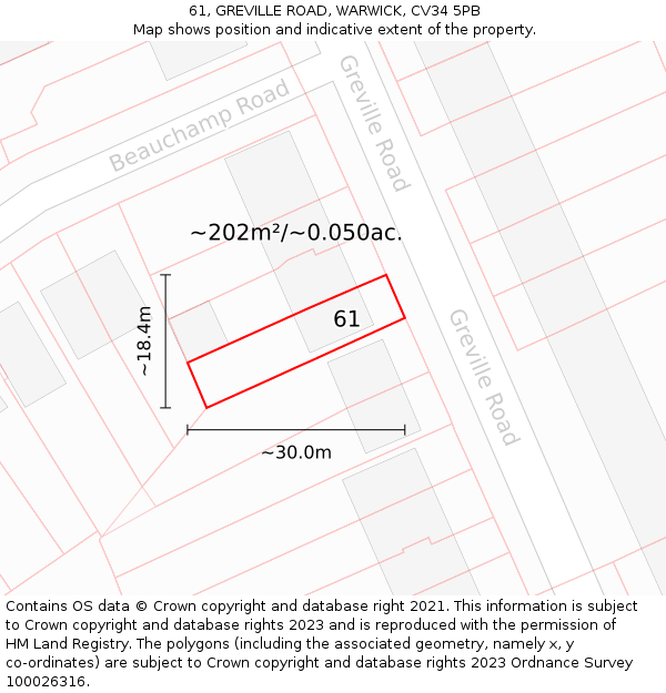 61, GREVILLE ROAD, WARWICK, CV34 5PB: Plot and title map