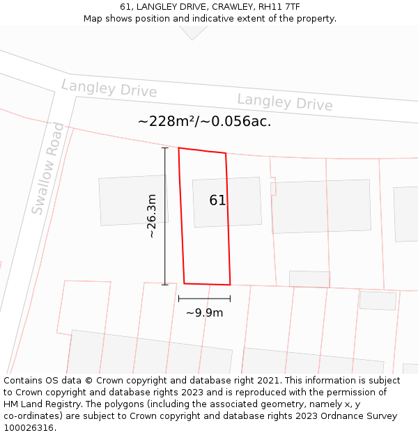 61, LANGLEY DRIVE, CRAWLEY, RH11 7TF: Plot and title map