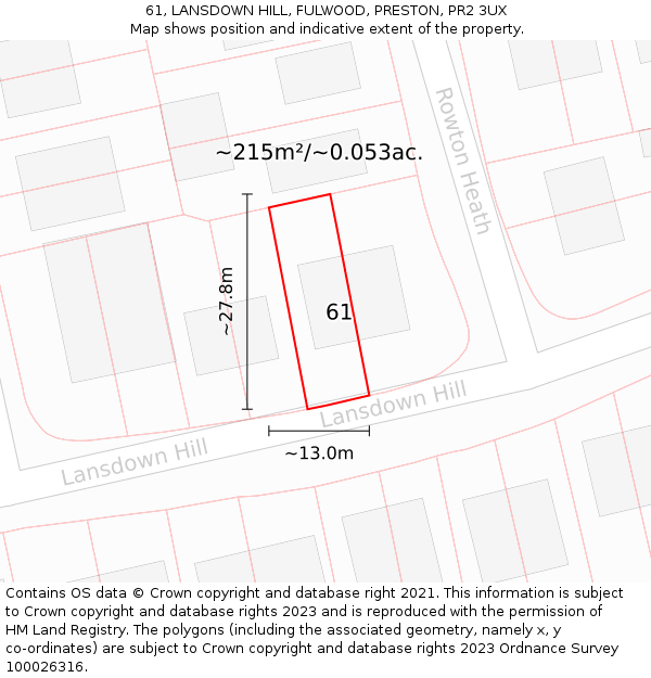 61, LANSDOWN HILL, FULWOOD, PRESTON, PR2 3UX: Plot and title map