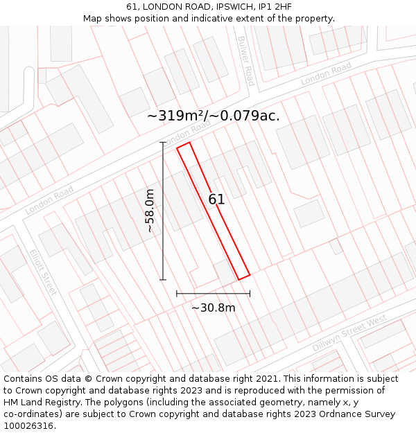 61, LONDON ROAD, IPSWICH, IP1 2HF: Plot and title map