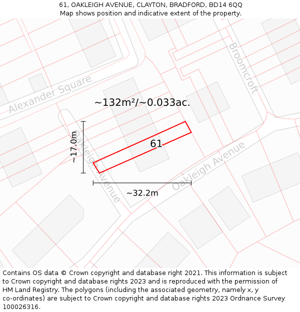 61, OAKLEIGH AVENUE, CLAYTON, BRADFORD, BD14 6QQ: Plot and title map