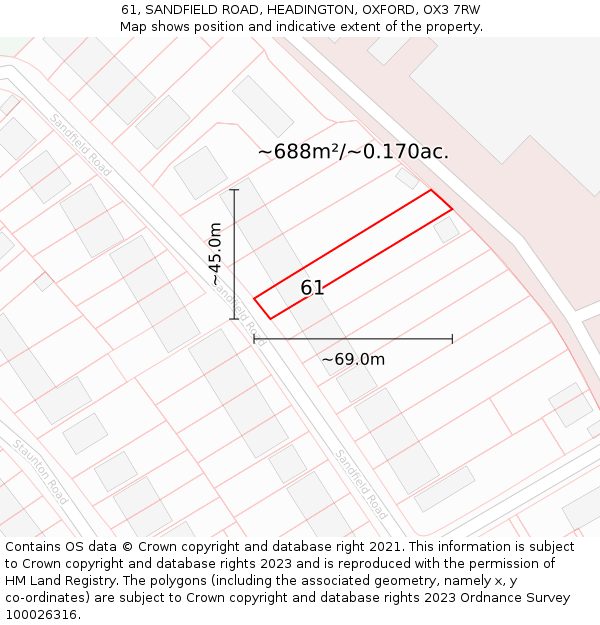 61, SANDFIELD ROAD, HEADINGTON, OXFORD, OX3 7RW: Plot and title map