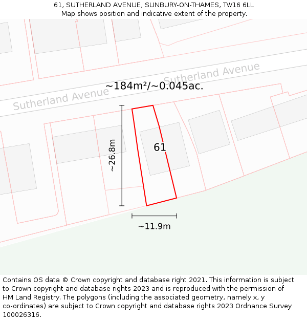 61, SUTHERLAND AVENUE, SUNBURY-ON-THAMES, TW16 6LL: Plot and title map