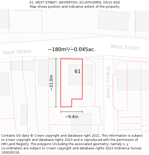 61, WEST STREET, WINTERTON, SCUNTHORPE, DN15 9QG: Plot and title map