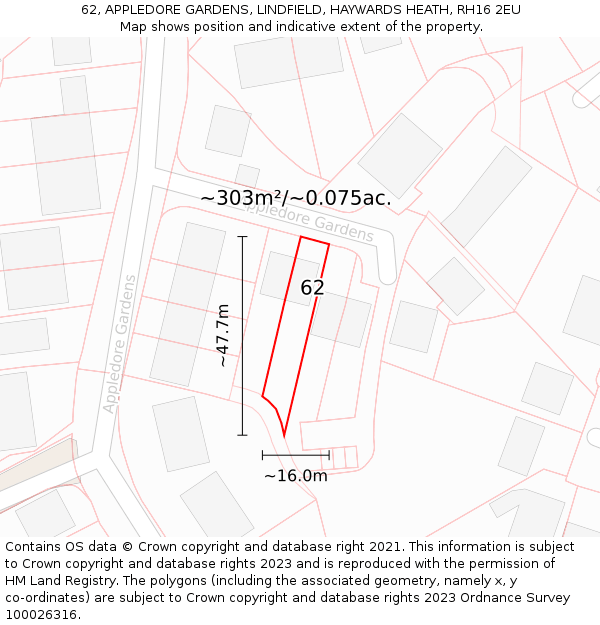 62, APPLEDORE GARDENS, LINDFIELD, HAYWARDS HEATH, RH16 2EU: Plot and title map