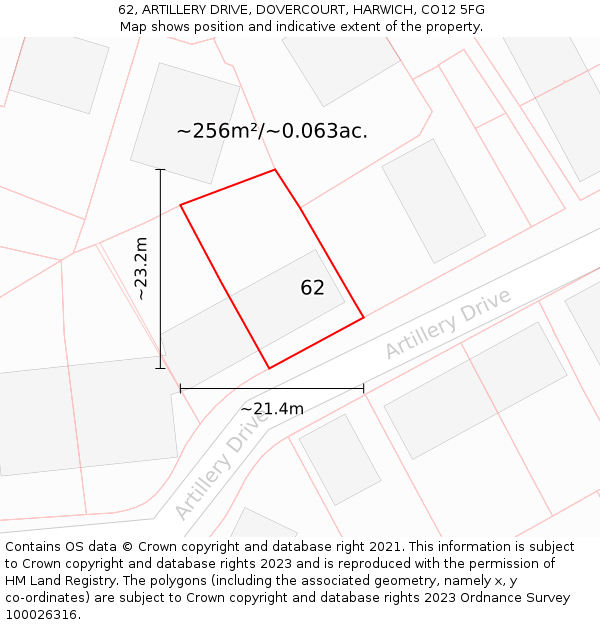 62, ARTILLERY DRIVE, DOVERCOURT, HARWICH, CO12 5FG: Plot and title map